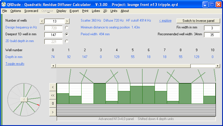 Screenshot of QRD diffuser design using QRDude software